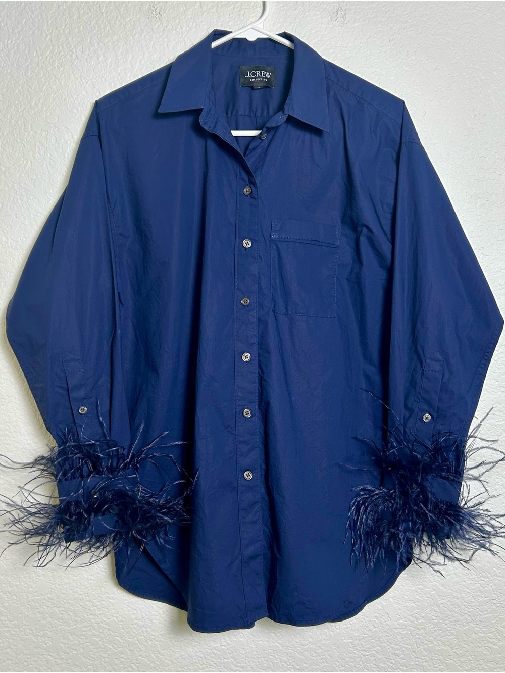 J.Crew Collection Feather-Trim Cotton Poplin Button-Up Shirt Navy